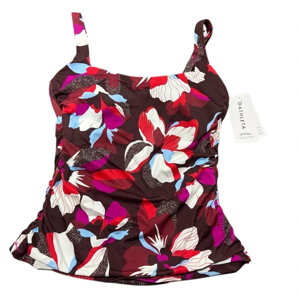 Athleta Square Neck Bra Cup Tankini Women's 38 B/C Maroon Floral NEW